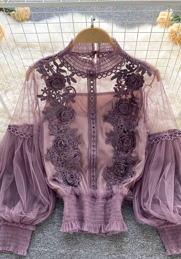 Women Flowers See-Through Mesh Lantern Sleeves lace crop Top