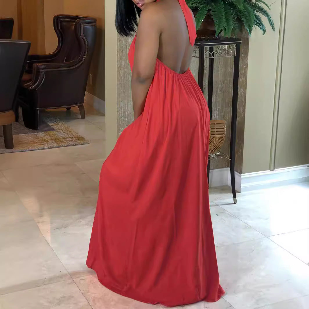 Plus Size Women Halter Neck Backless Loose Bohemian Solid Dress 4