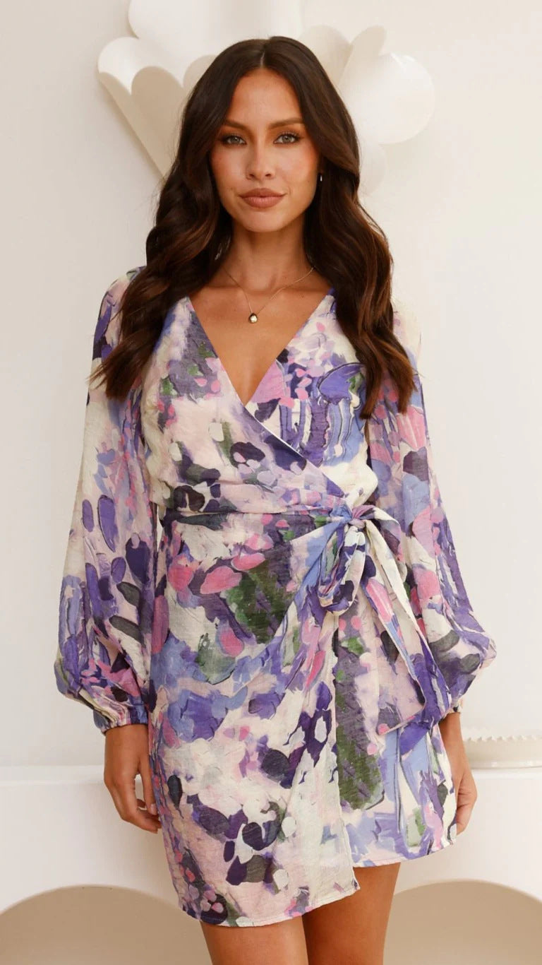 Autumn V-Neck Chiffon Tie-Waist Long Sleeve Print Slim Short Dress