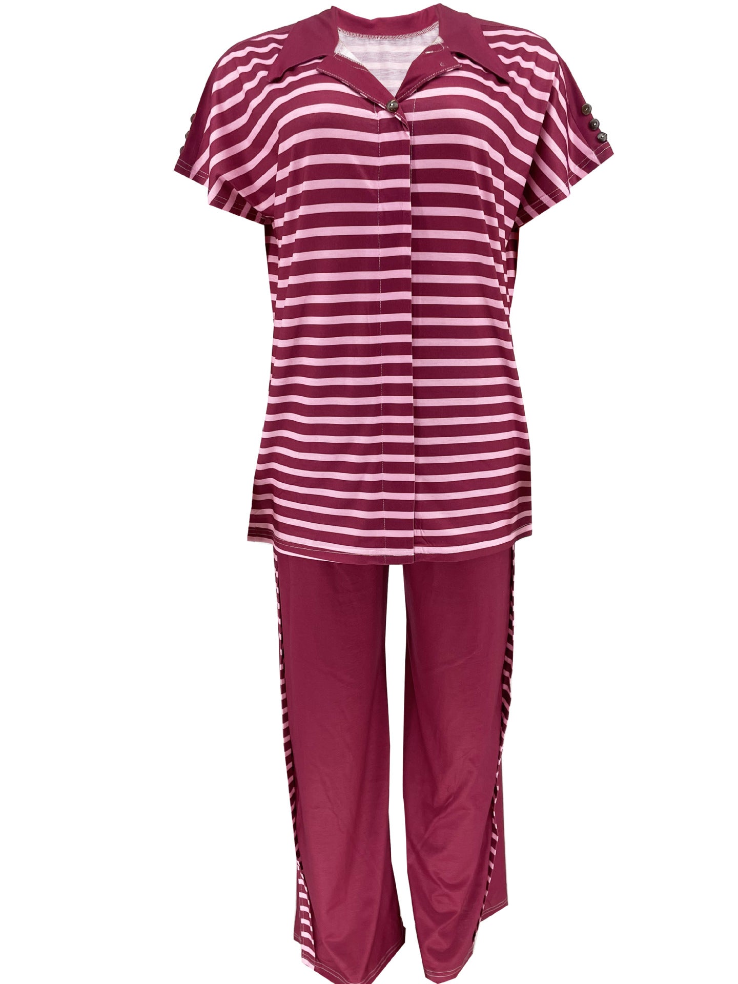 Fashion Casual Summer Short Sleeve Striped Print Two-piece Pants Set 10