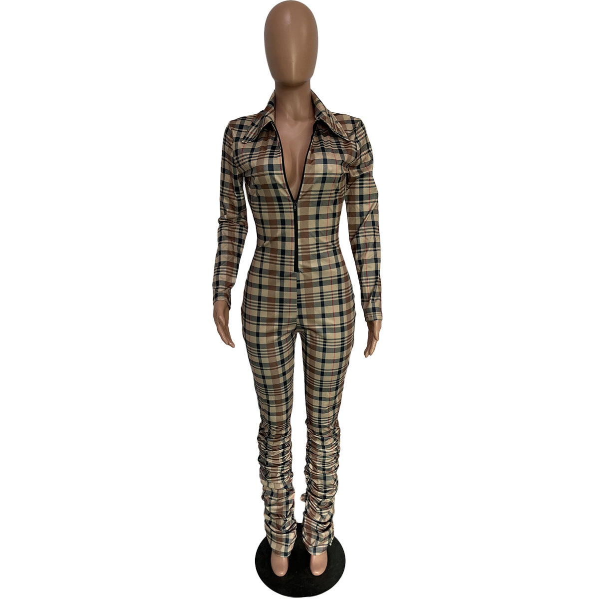 Women's Check Print turndown collar Slim Fit Ruched Zip Jumpsuit