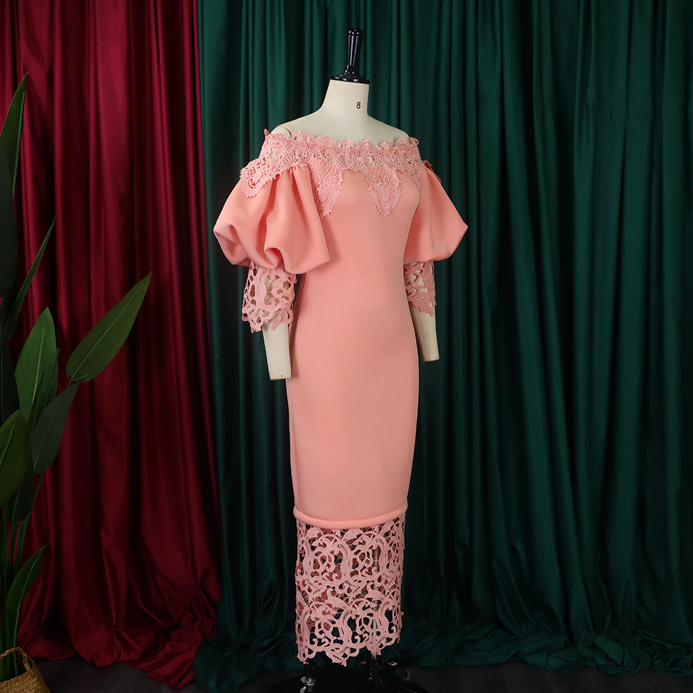 Women's Clothing Off Shoulder Lace Patchwork Puff Sleeve Formal Party Evening Dress 15