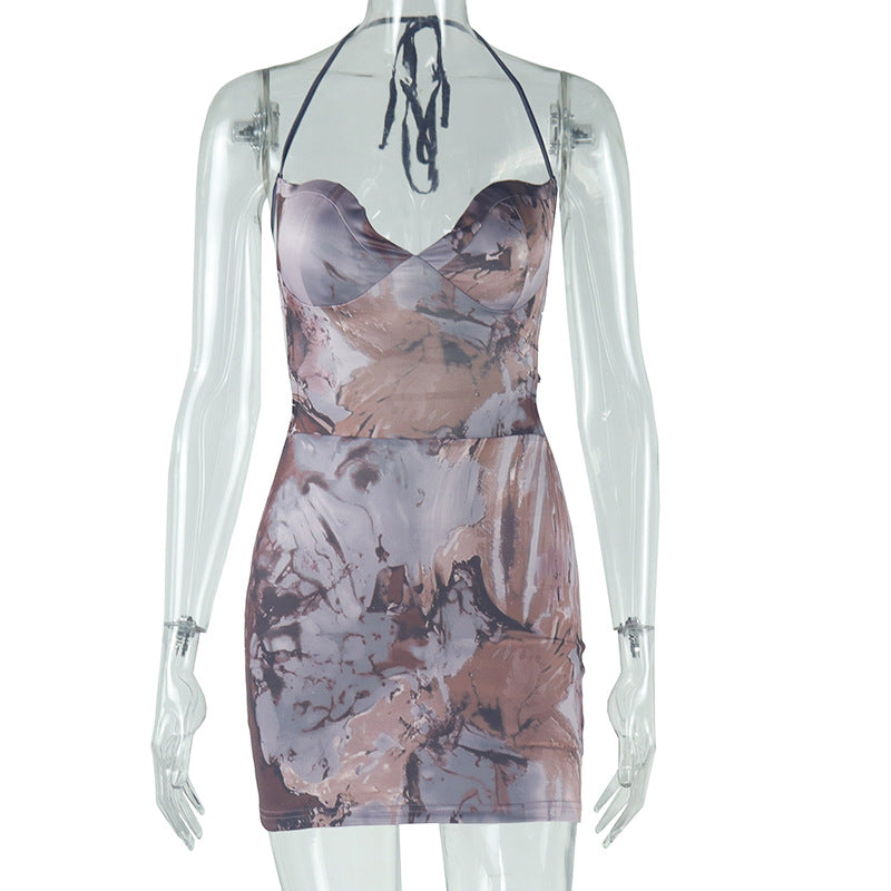 Women's Fashion Print Sexy Halter Lace-Up Low Back Bodycon Short Dress 8