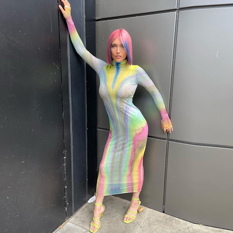 Women Autumn Sexy Mesh See-Through High Neck Long Sleeve Dress 3