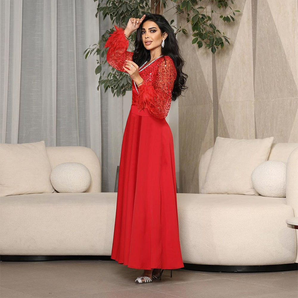 Dubai Arabian Sequin Patchwork Ironed Feather Robe