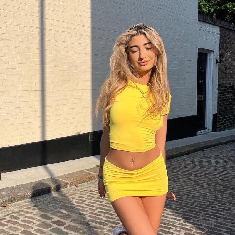 Summer Solid Color Round Neck Short Sleeve Crop Topp Sexy High Waist Bodycon Women's Short Skirt Two Piece Set 5