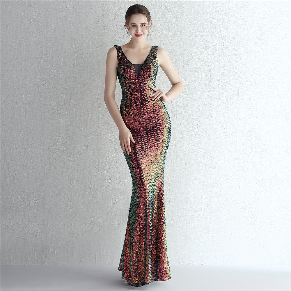 Women Iridescent Sequin Straps Deep v Formal Party Sequined Evening Dress 18