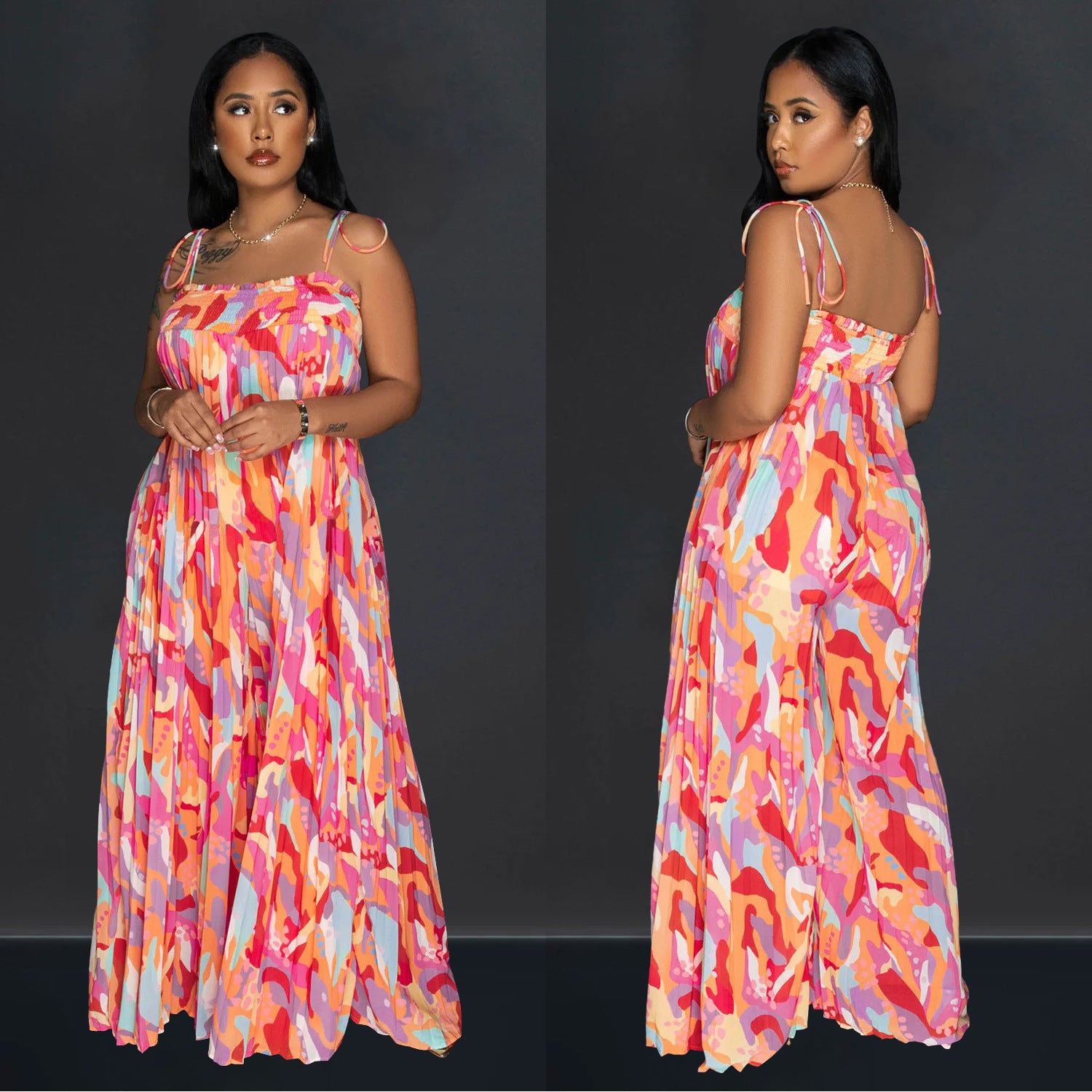 Women Sexy Printed Suspender Pleated Wide Leg Jumpsuit 5