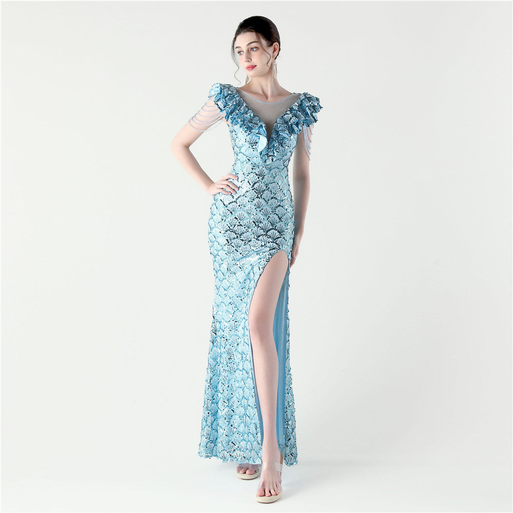 Women Floral Mesh See-Through Slit Mermaid Evening Dress 12