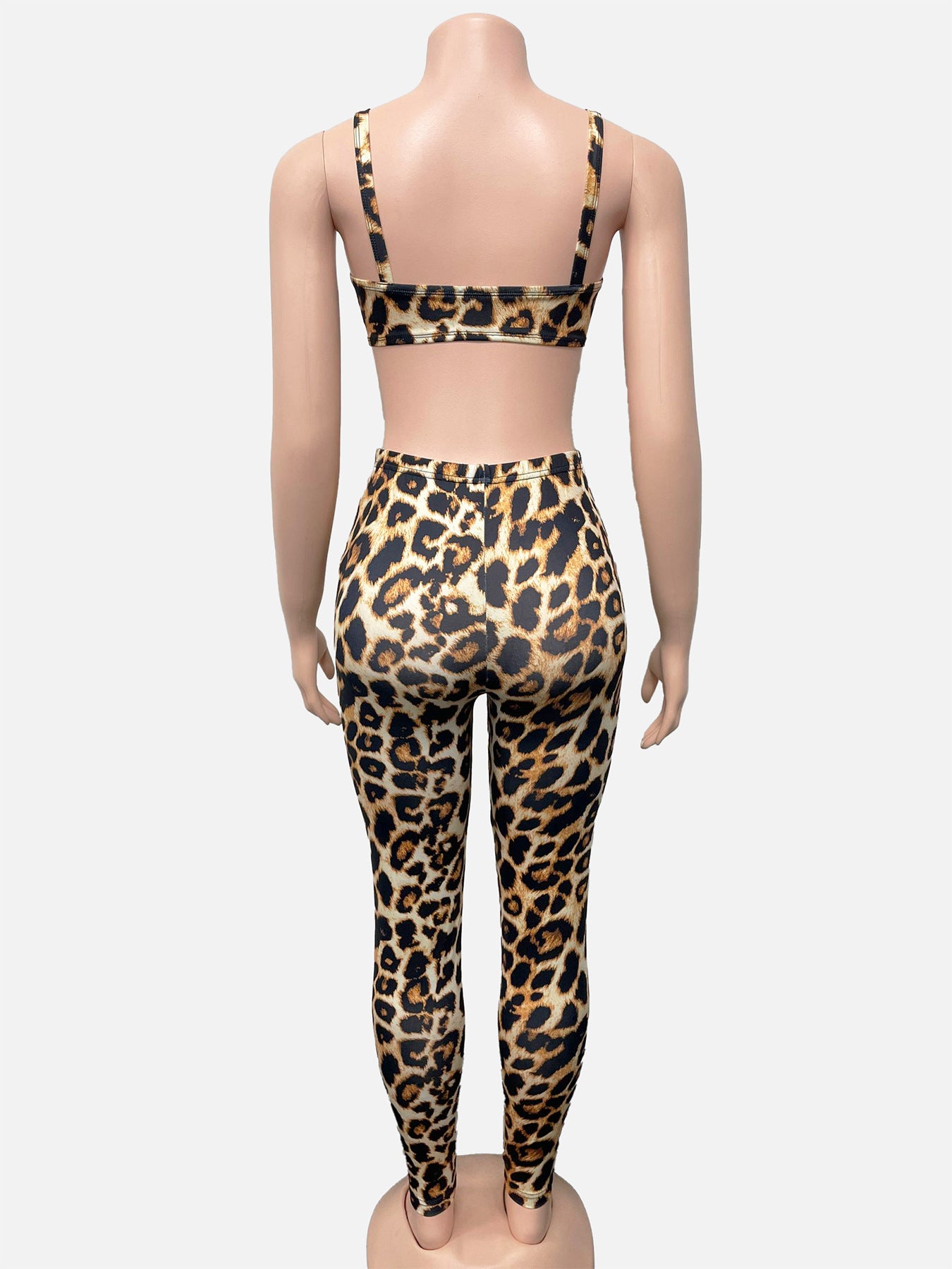 Women's Fashion Leopard Print Sexy Strap Crop Top with Tight Slim Pants Two-Piece Set 9