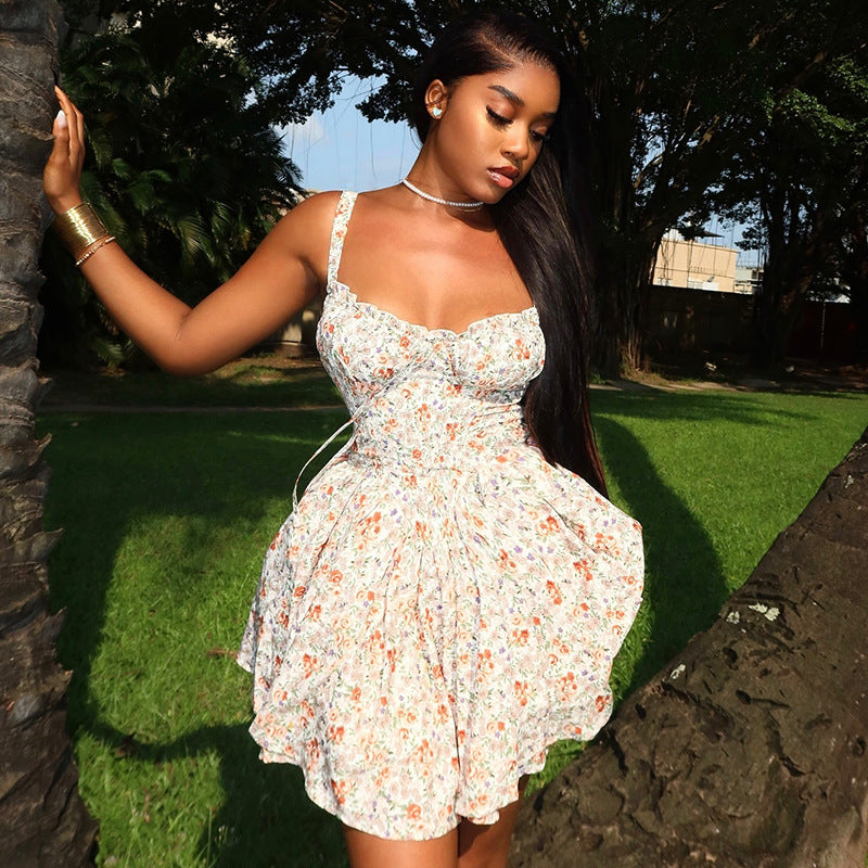 Fashionable Print Sexy Deep V-Neck Strap Slim Waist Irregular Dress 3