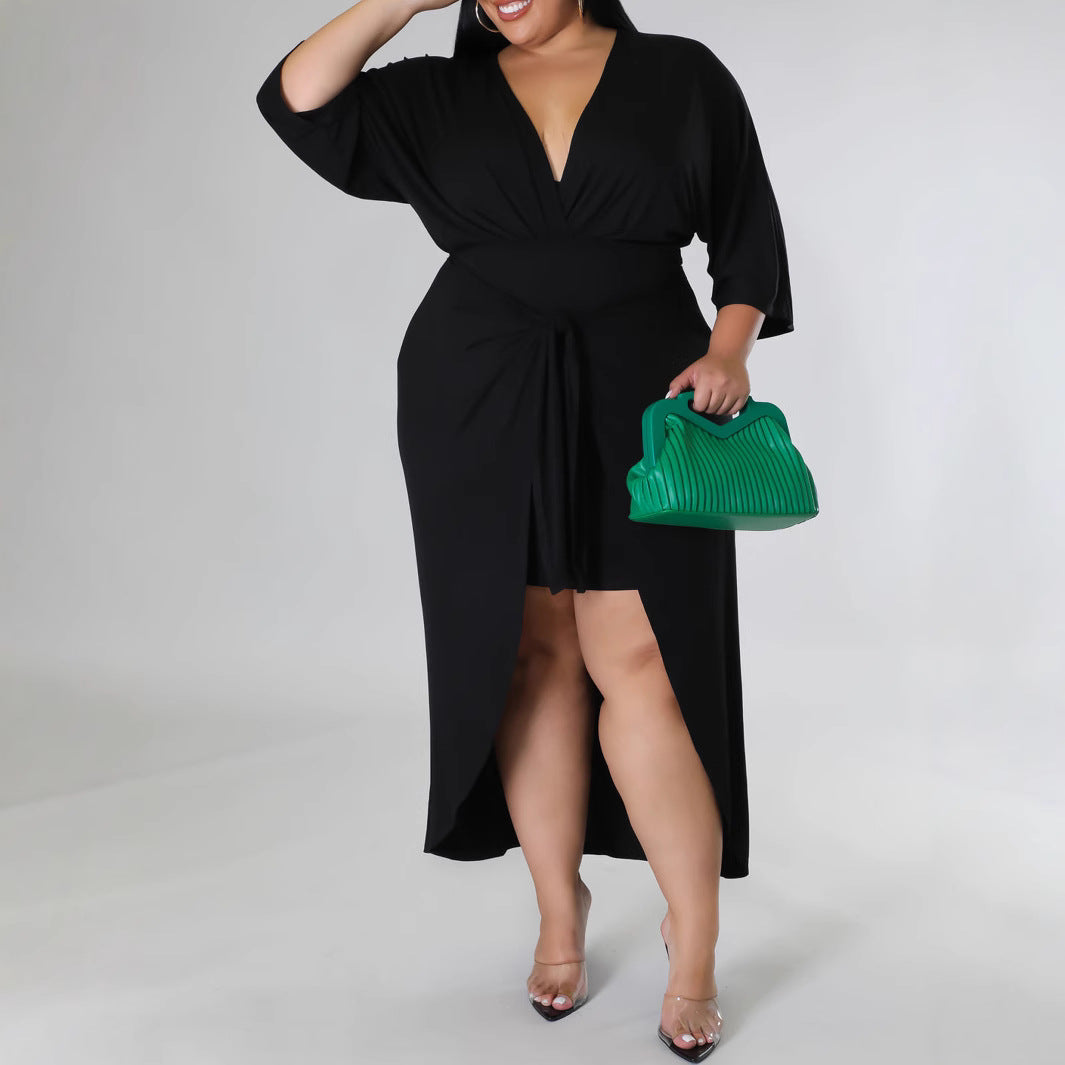 Women Sexy Mid-Long Sleeve V-Neck Lace Solid Irregular Bodycon Dress 3