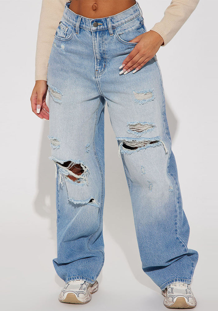 Women Winter Street Irregular Ripped Denim Straight Pants