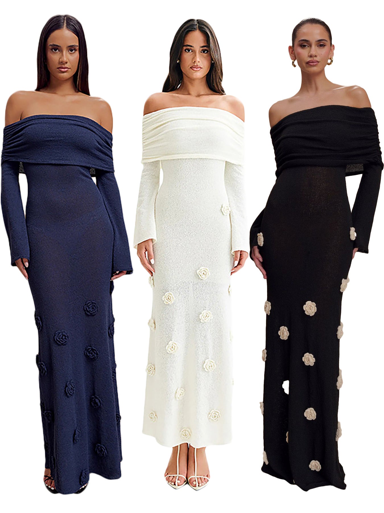 Women's Sexy Floral Off Shoulder Knitting Long Dress 8