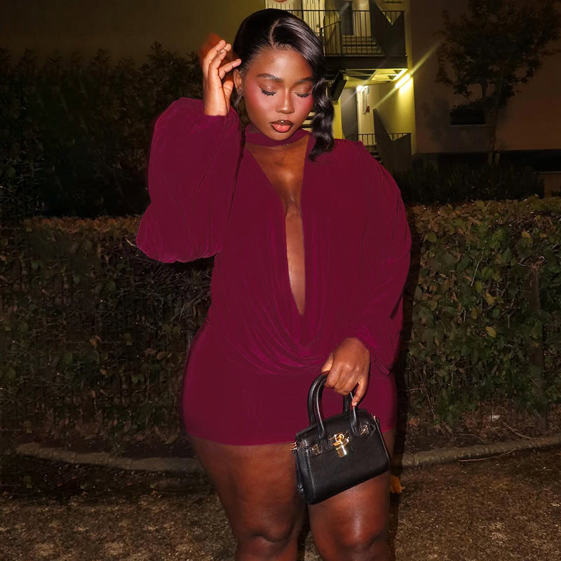 Women Fall Solid Casual V-Neck Long-Sleeved Top and Mini Skirt Two-Piece Set 26