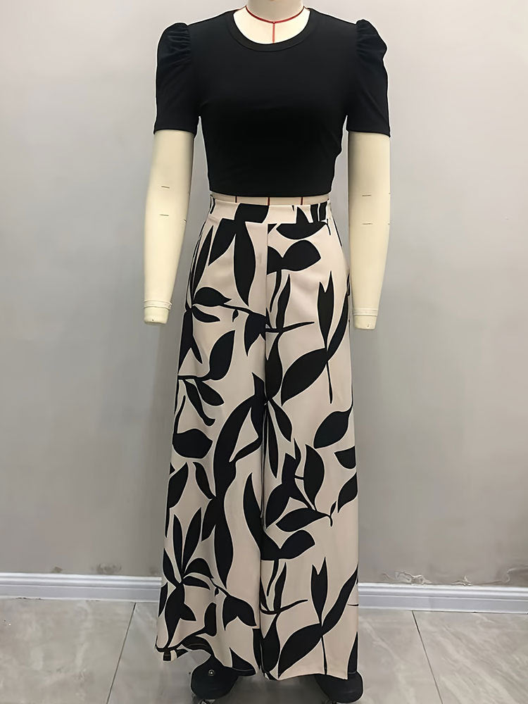 Leaf Print Casual Wide Leg Pants Short Sleeve Tight Fitting Crop T-shirt Spring and Summer Two-piece Pants Suit 6