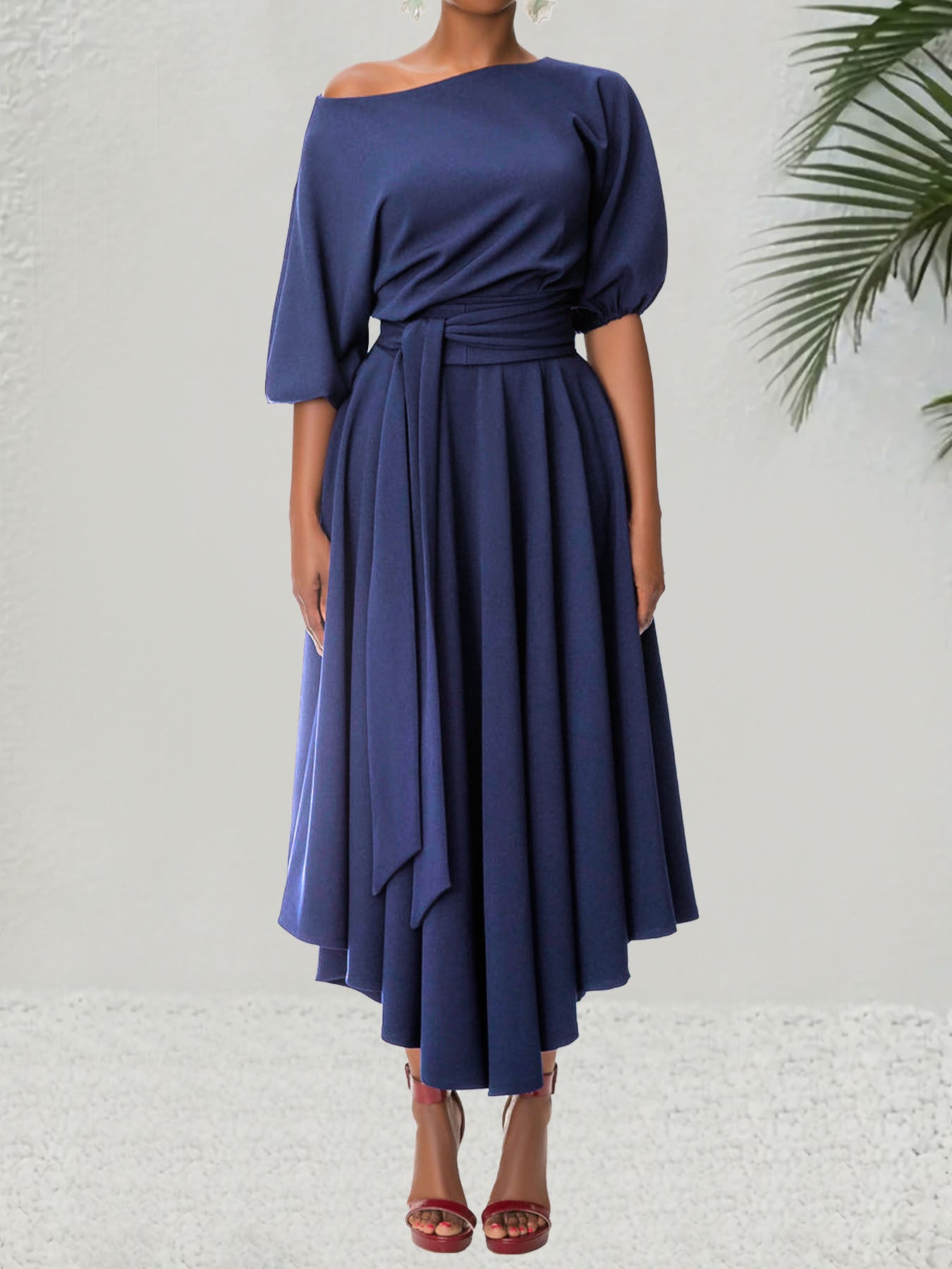 Chic Elegant Solid Color Slash Shoulder Belt Irregular Dress 11