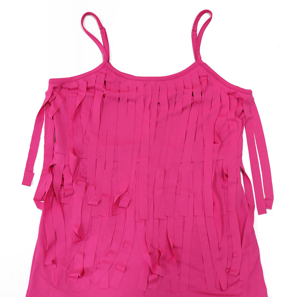 Women Summer Fashionable Strap Solid Color Tassel Slim Jumpsuit 14