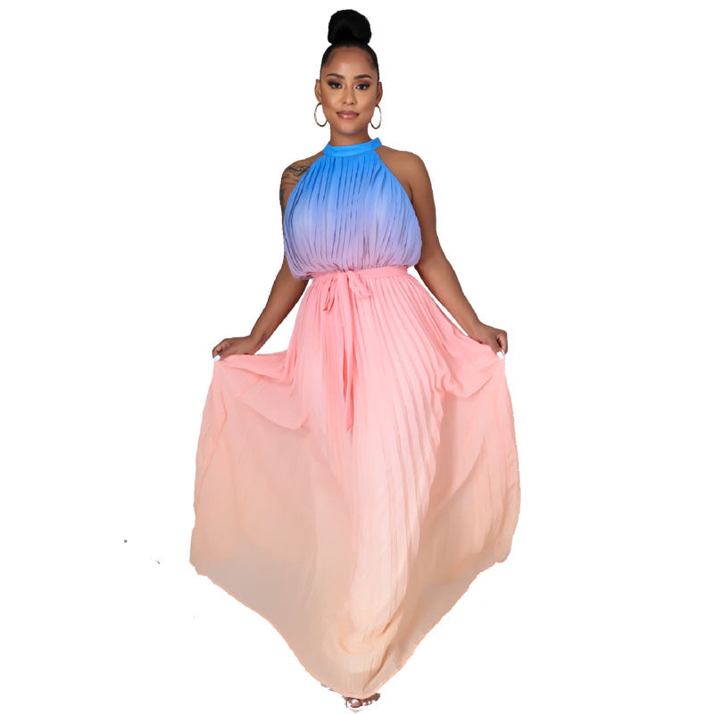 Women's Round Neck Sleeveless Maxi Pleated Tie Dye Pressed Pleated Slim Waist Rainbow Dress 10