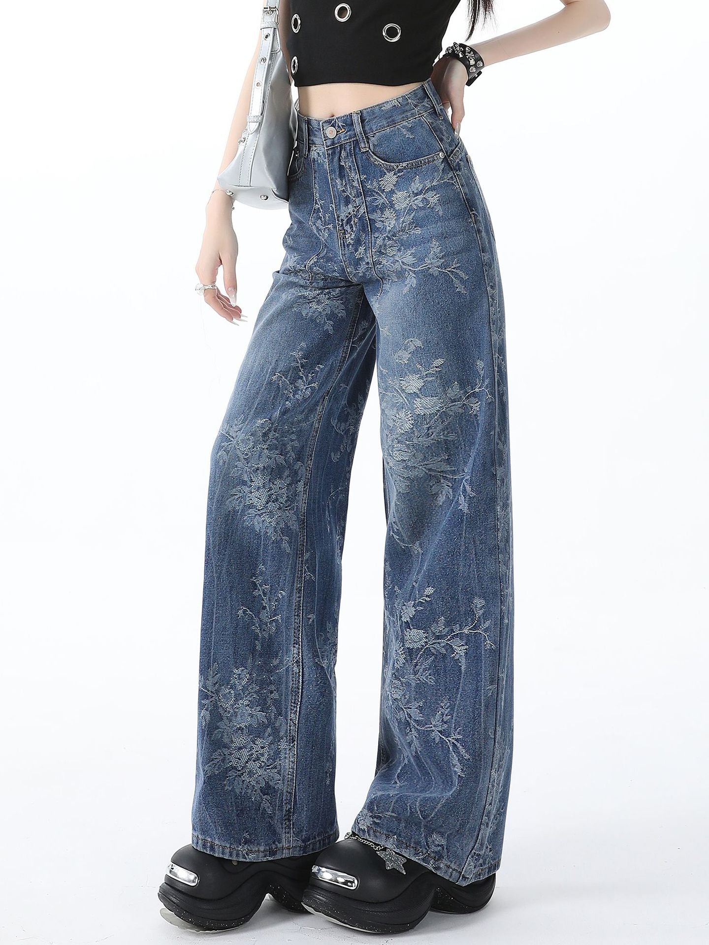 Blue Jacquard Denim Pants Women Loose Wide Leg Straight Leg Trousers 4