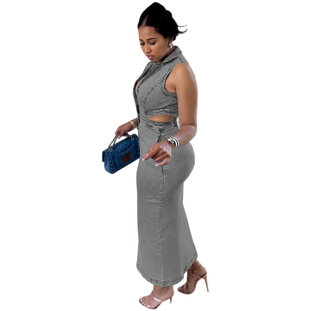 Women's Autumn Winter Fashion Single Breasted Sleeveless Halter Neck Stretch Long Dress 4