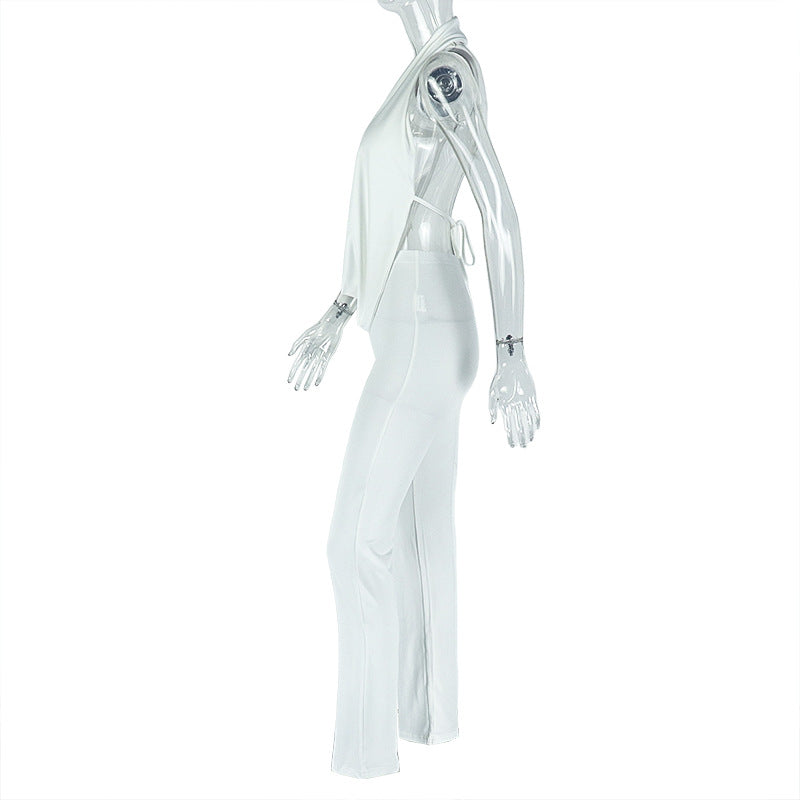 Fashion Halter-Neck Solid Color Low-Back Tight-Fitting Two-Piece Pants Set 9