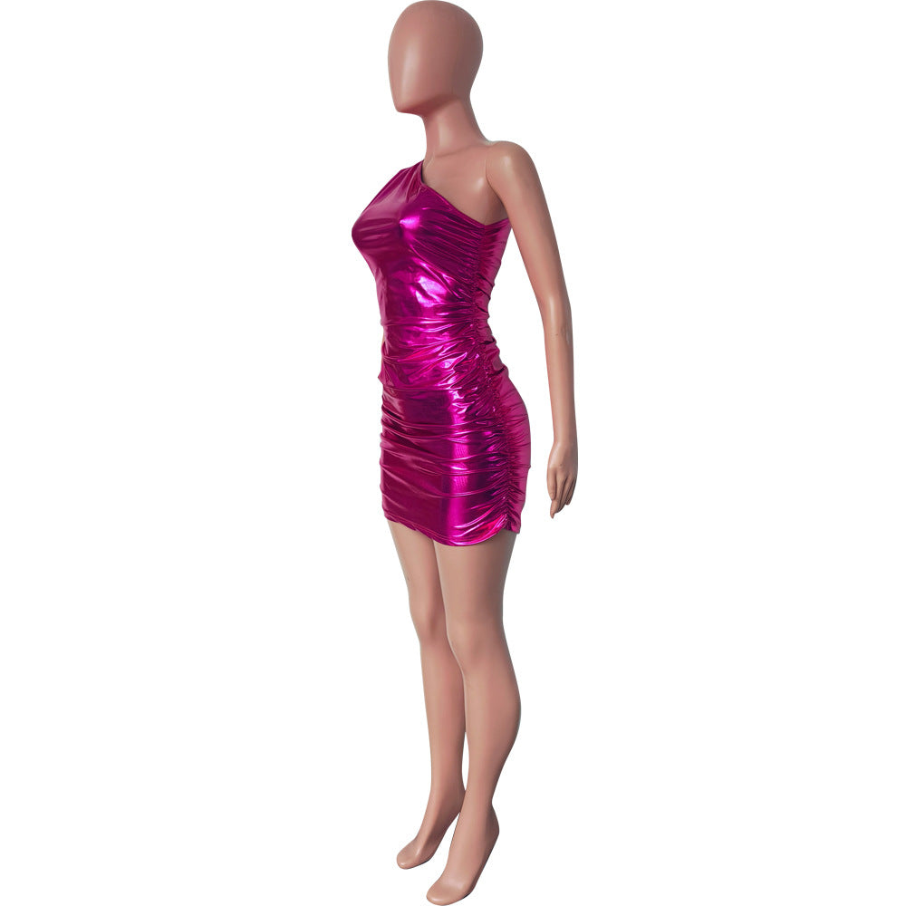 Women One-shoulder Pleated Sexy Dress 11
