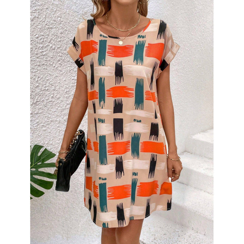 Women Summer Short-sleeved Printed Bat Sleeves Round Neck Dress 4