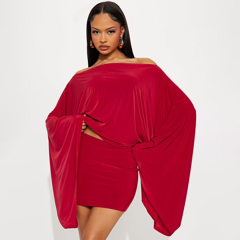 Women Off-Shoulder Bell Bottom Long-Sleeved Top and Skirt Two-Piece Set 13