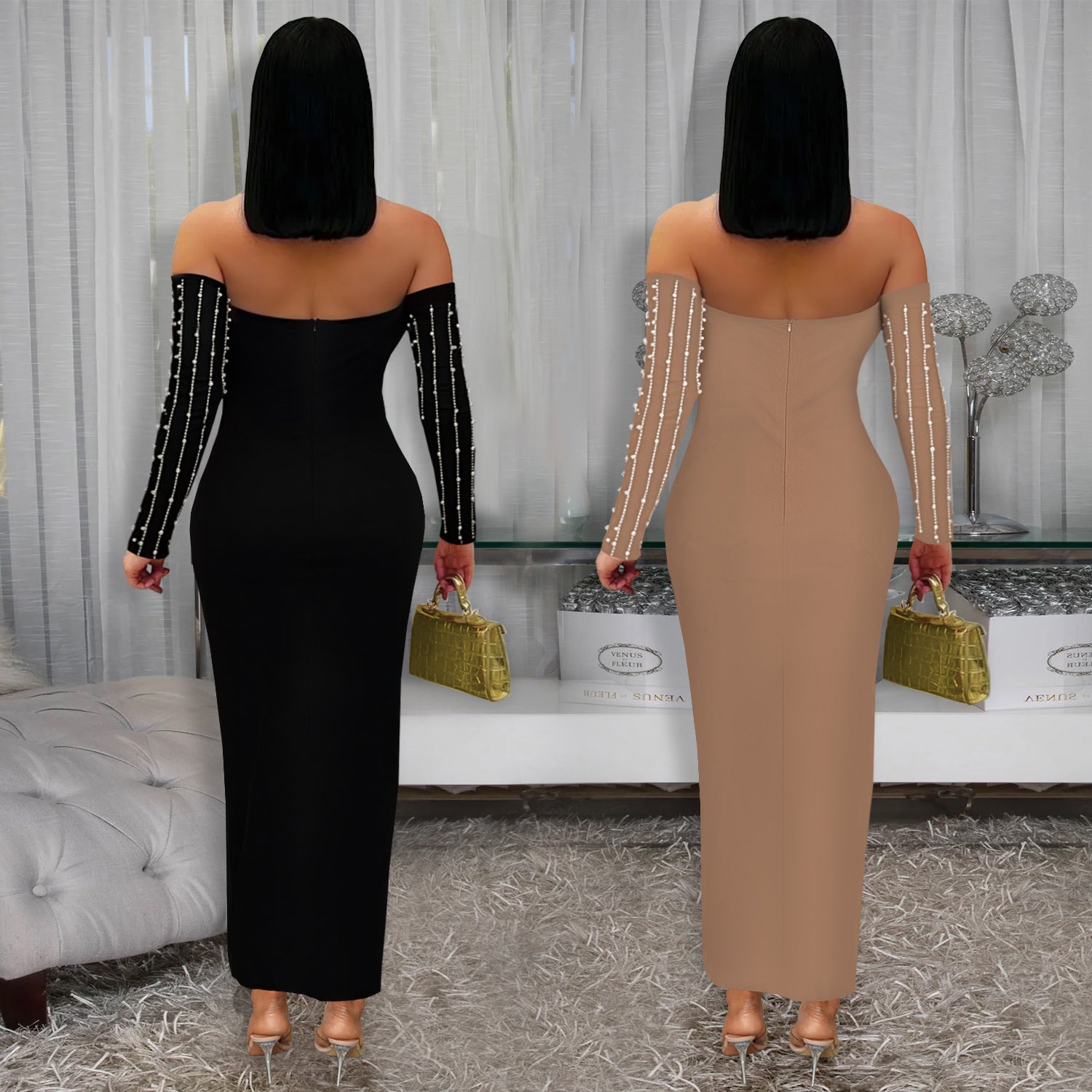 Fashion Women's Elegant Long-Sleeve Off Shoulder Rhinestone Bodycon Dress