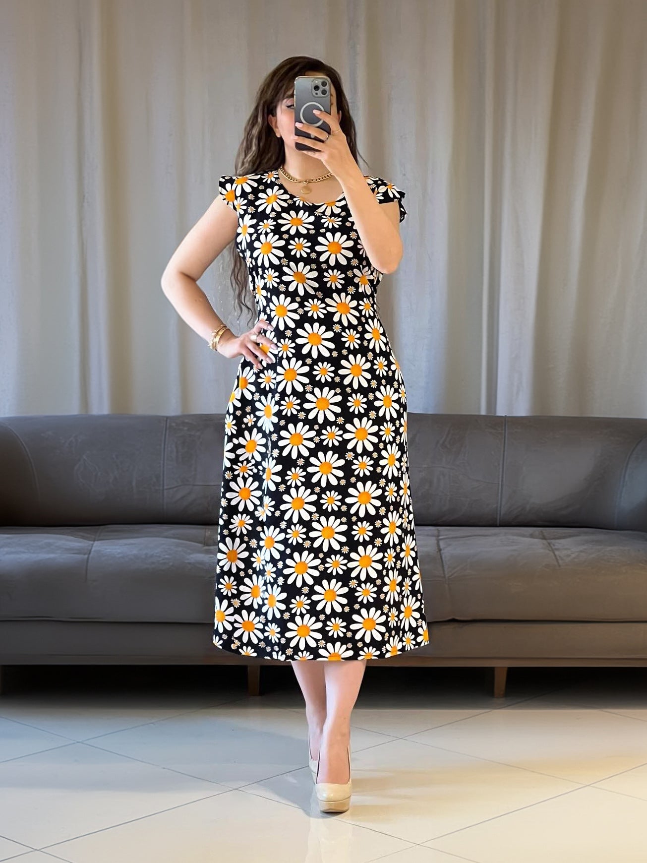 Women Round Neck Daisy Print Floral Dress 3