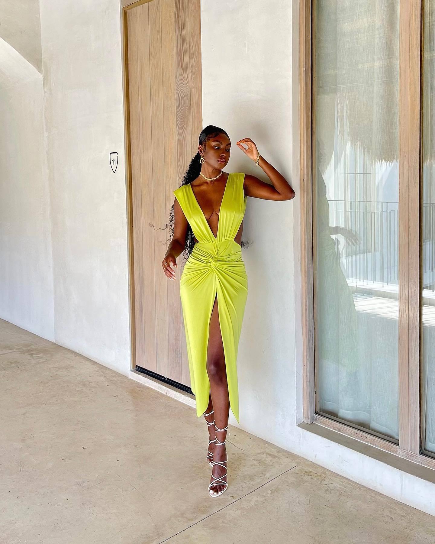 Spring Summer Women's Fashion Low Back Sexy V-Neck Slit Dress 4