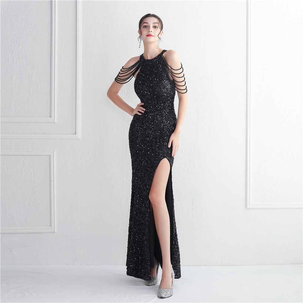 Beading Formal Party Chic Elegant Long Halter Neck Split Sequins Evening Dress 10