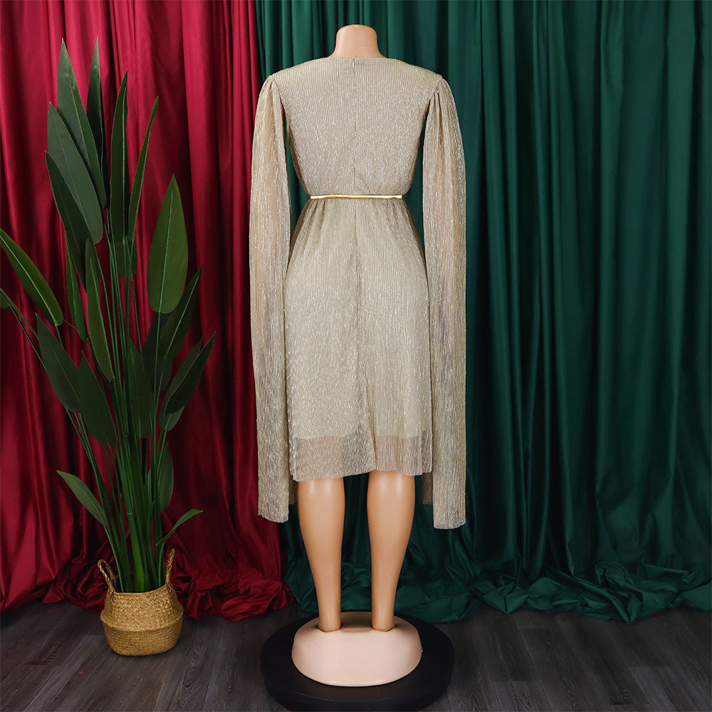 Belted V-Neck Chic Long Sleeve Cape Slim Waist Gown Dress 28