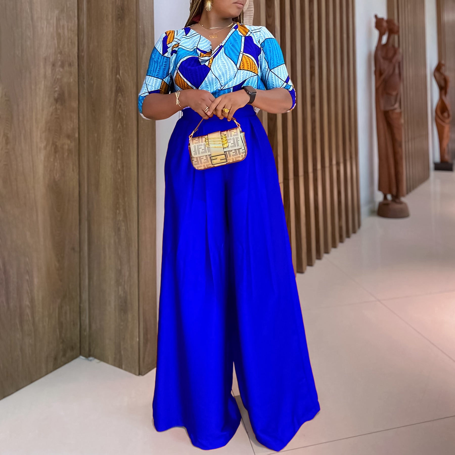 Women's Printed Short Sleeve Shirt Casual Loose Wide Leg Pants African Two-Piece Suit 16