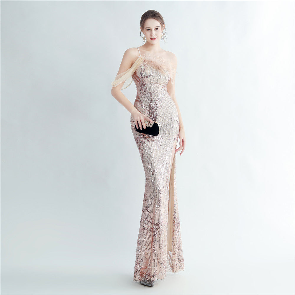 Women ostrich fur beaded evening dress