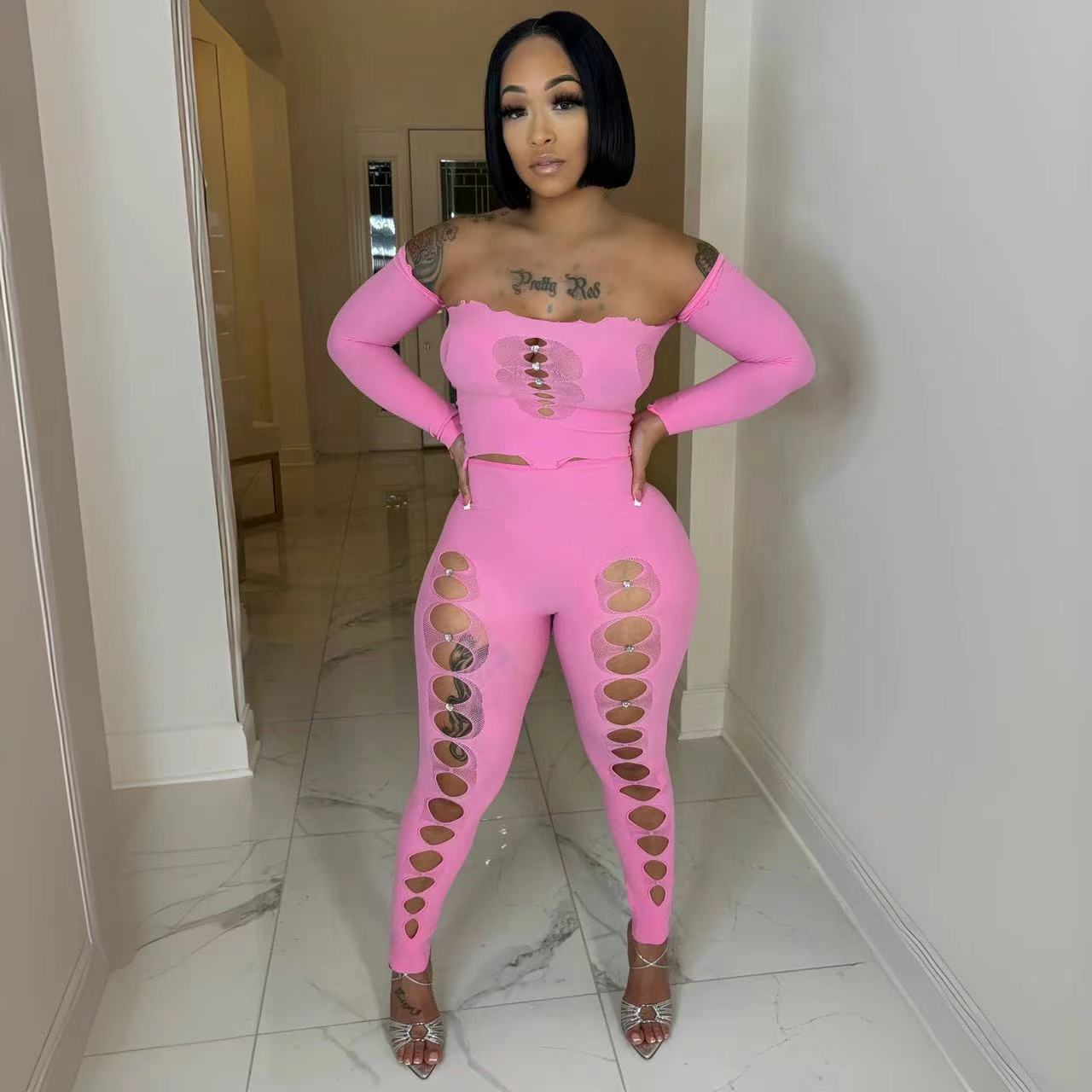 Spring Solid Off Shoulder Long Sleeve Crop Top Ripped Tight Fitting Pant Sexy Two Piece Set 3