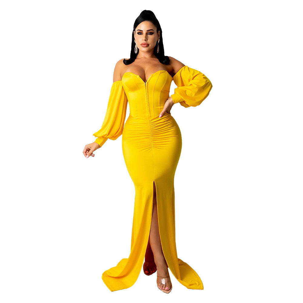 Women Solid Corset Sexy Long Sleeve Slit Party Dress 5
