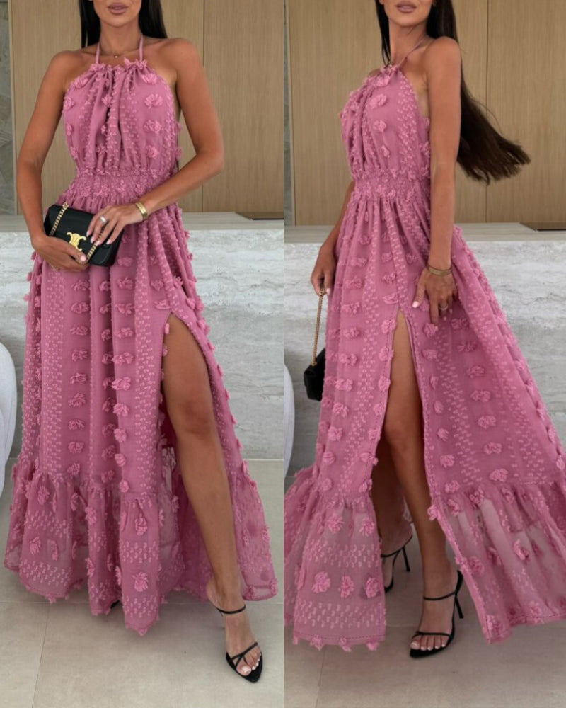 Fashion Halter Neck Slit Jacquard Long Dress