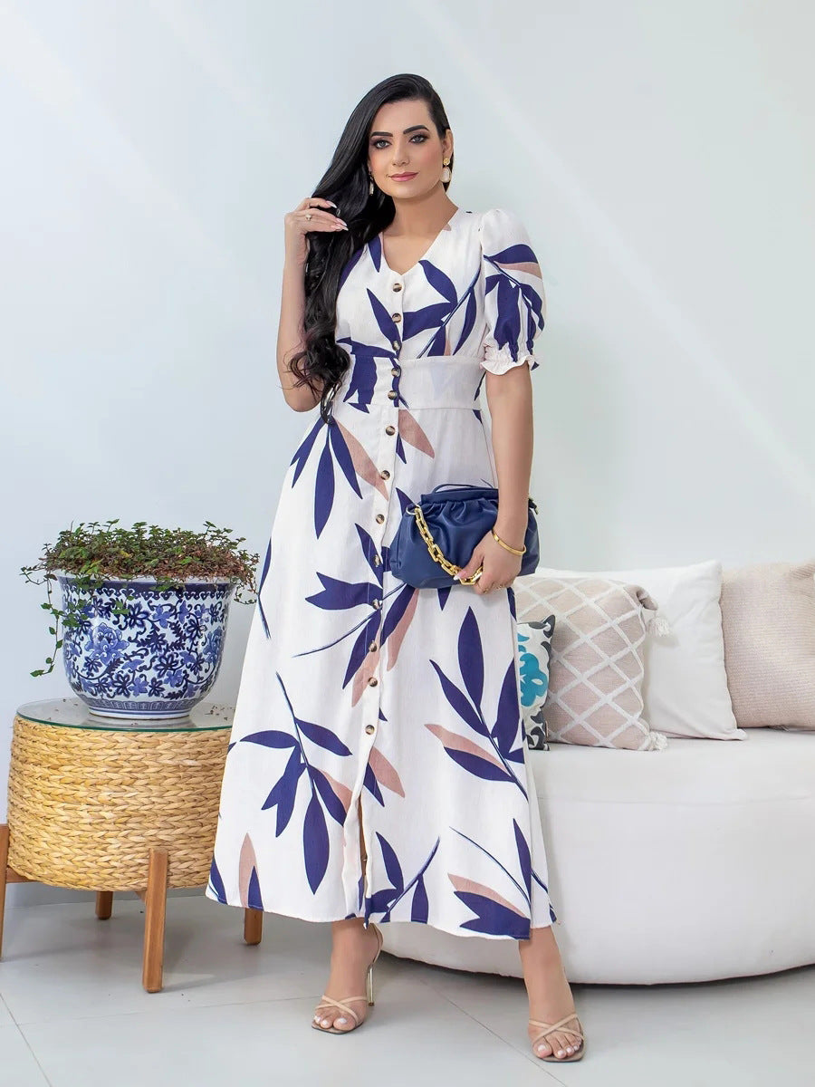 Chic V Neck Short Sleeve Slim High Waist Button Long Dress