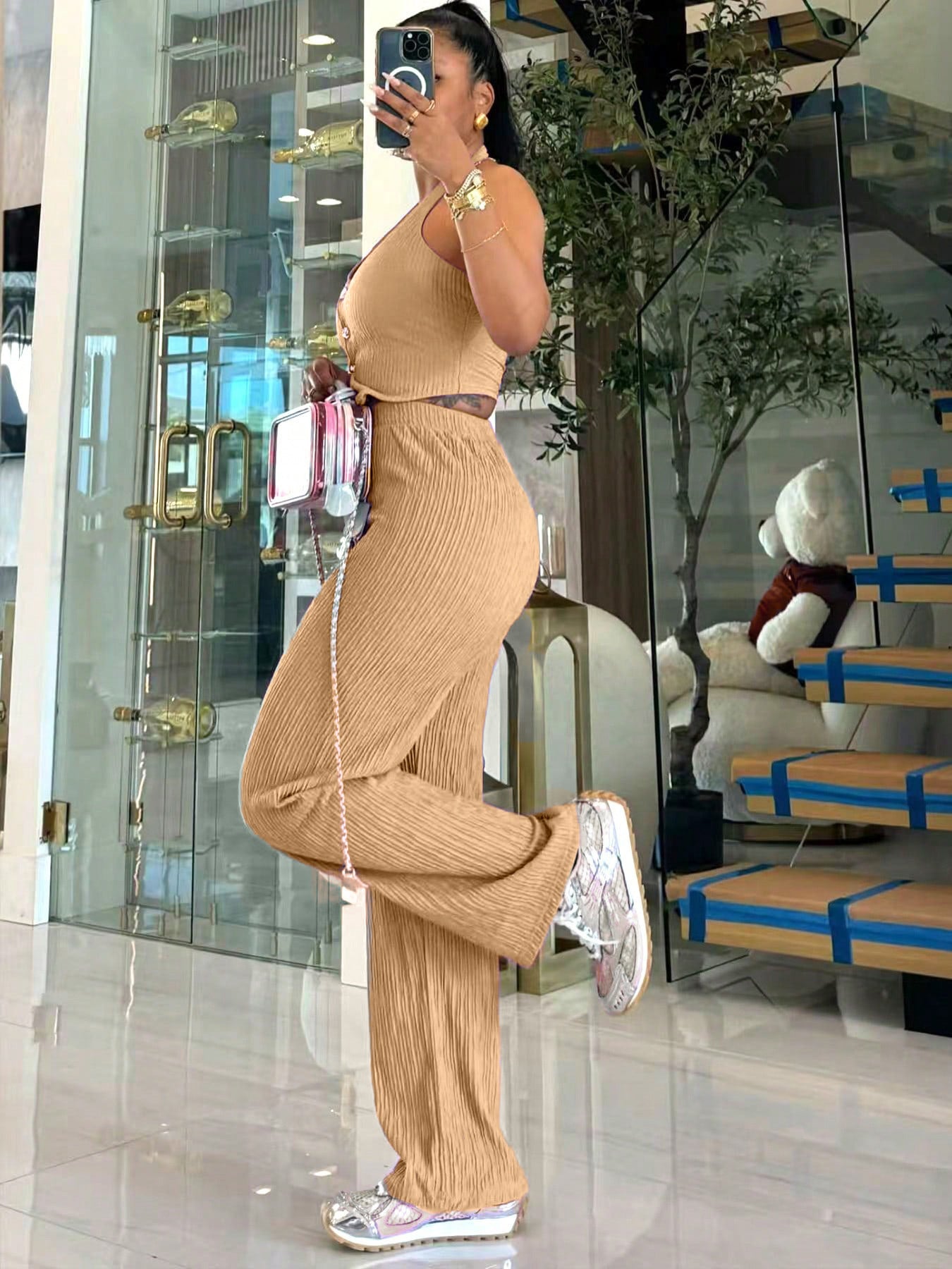 Women Halter Neck Crop Top and Wide Leg Pants Two-piece Set 15