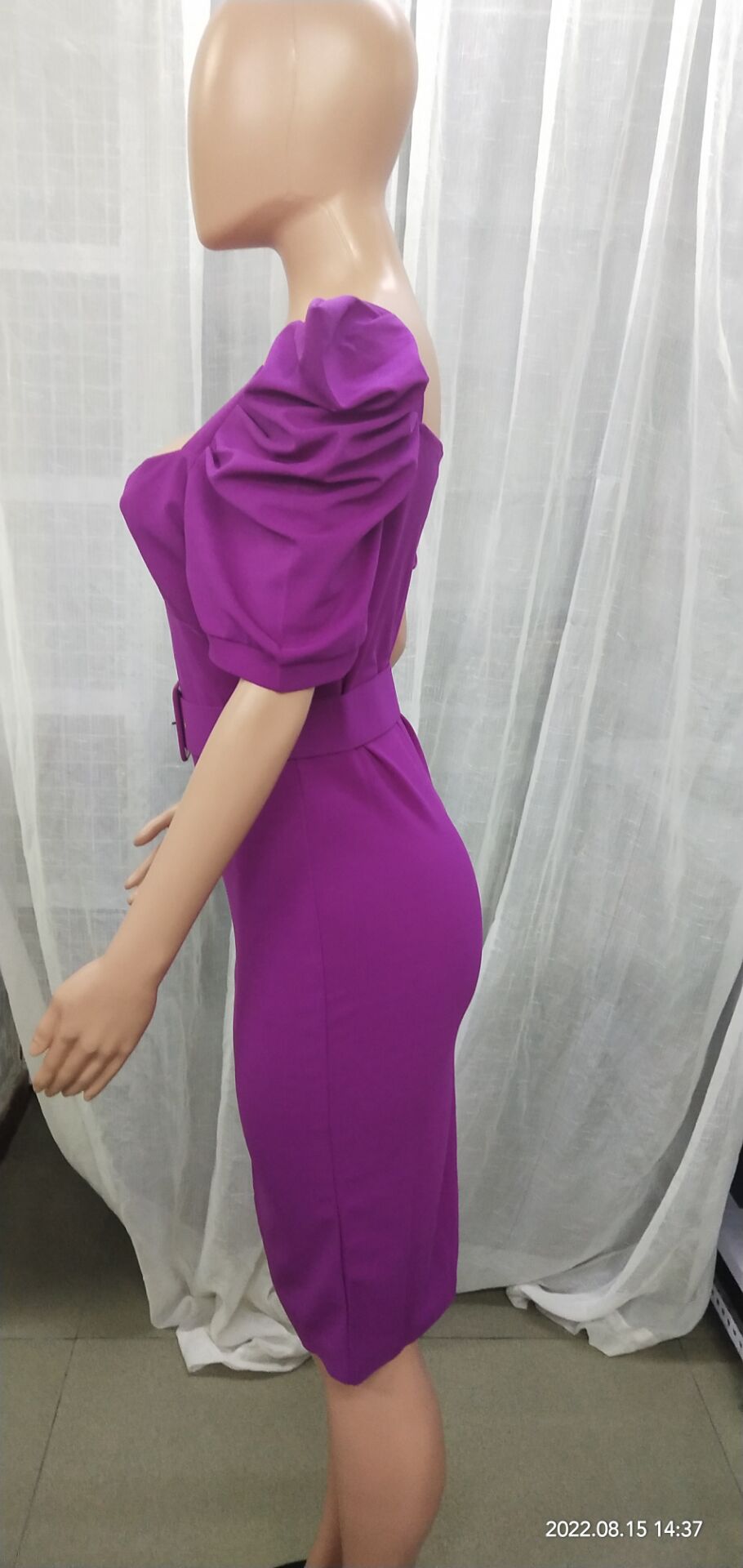 Women Sexy Bubble Sleeves Square Collar With Belt Bodycon Dress 6
