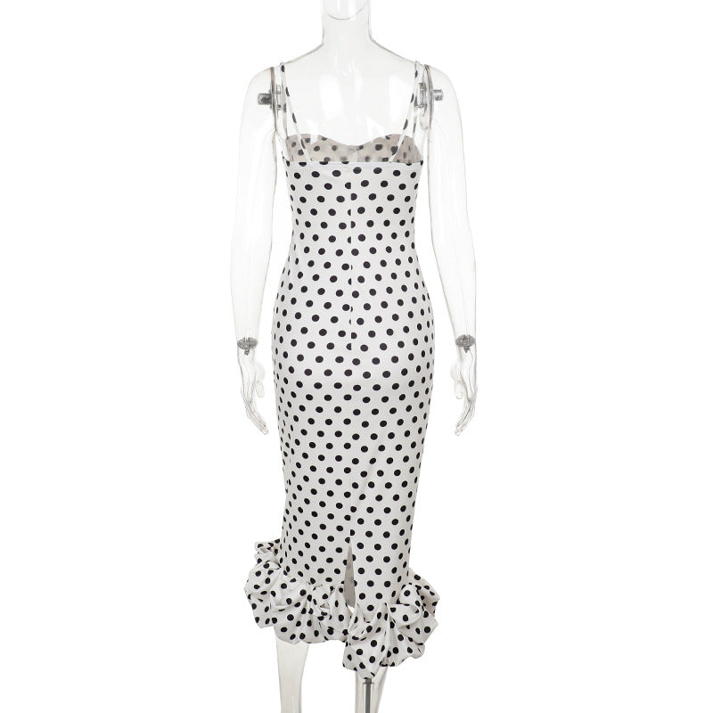 slim waist polka dot pleated Strap long dress 4