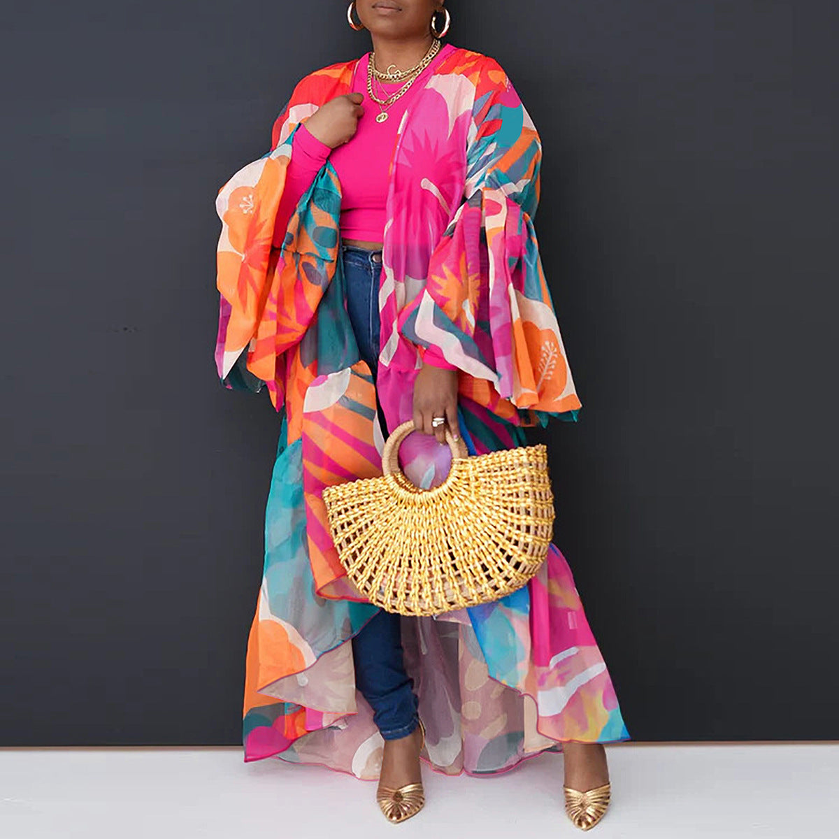 Casual Spring and Autumn Women's Lantern Sleeve Irregular Long Printed Coat 4