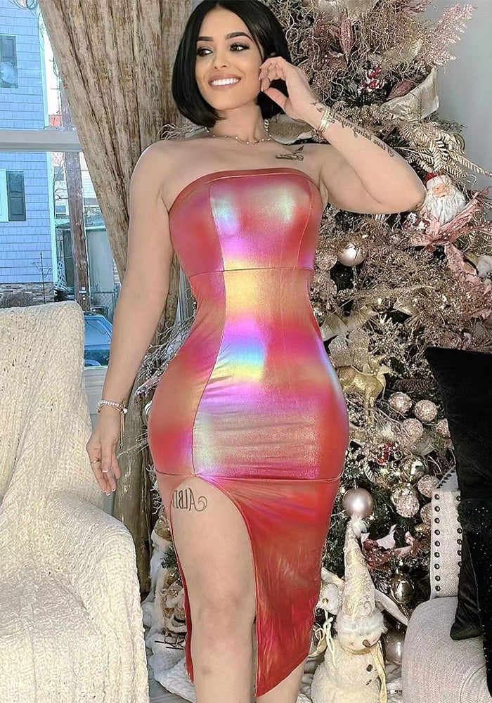 Women Clothing Features Shiny Gradient Pu-Leather High Slit Chest Wrap Dress 3