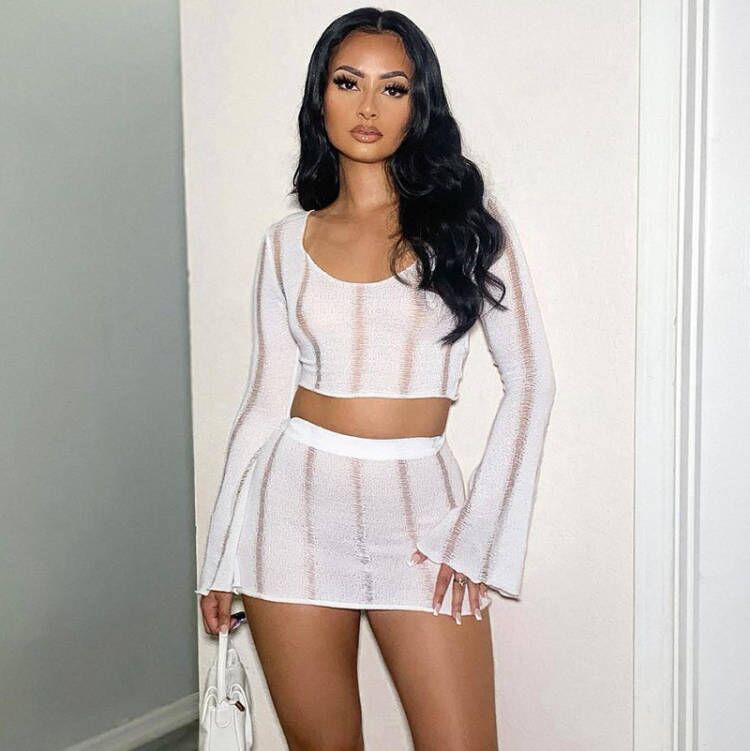 Women's Summer Fashion Casual Cutout Round Neck Top Slim Skirt Two-Piece Set 3