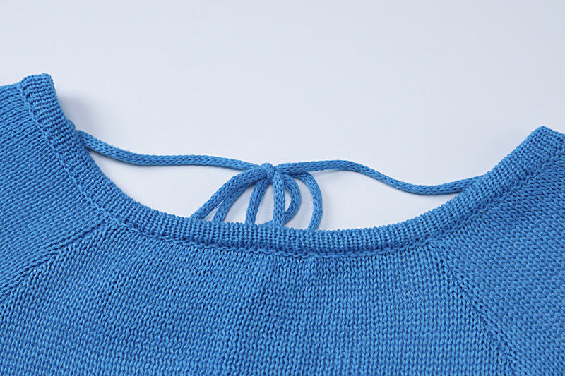 Winter Sexy Knitting Tie Low Back Bell Bottom Long Sleeve Solid Color Dress 17