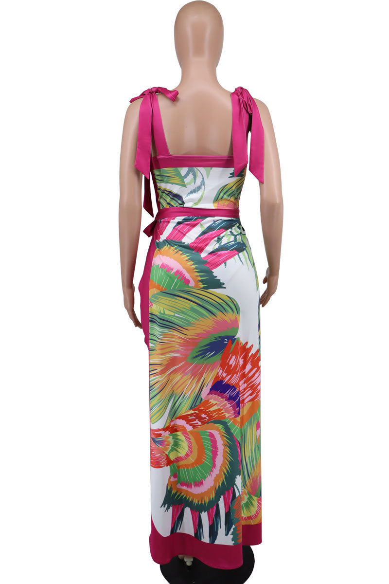 Fashion Casual Women's Sleeveless Printed Lace Up Strap Bodysuit Skirt Set 14