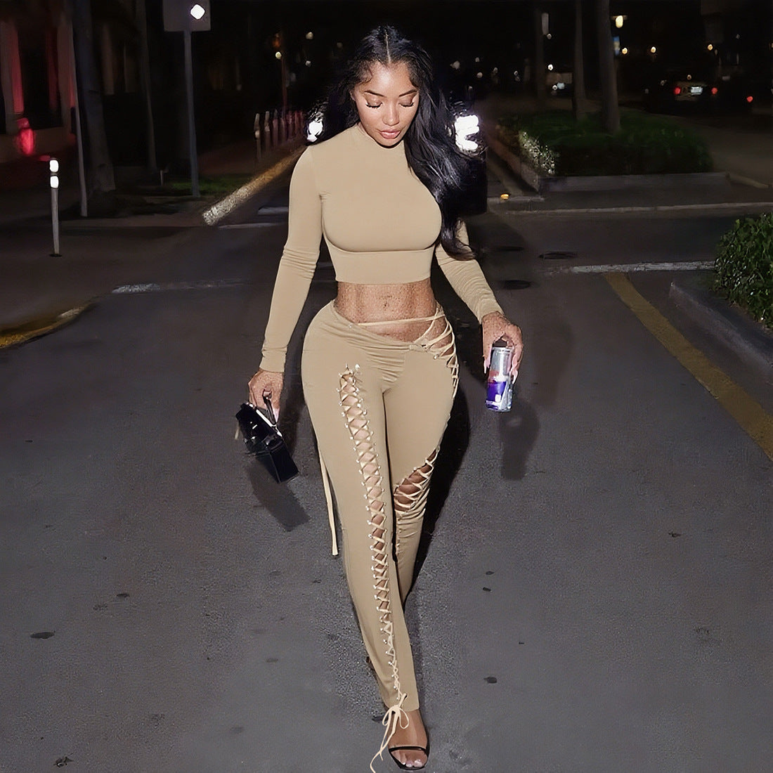 Women Fall/Winter Long-Sleeved Sexy Cutout Lace-Up Pants Two-Piece Set 5