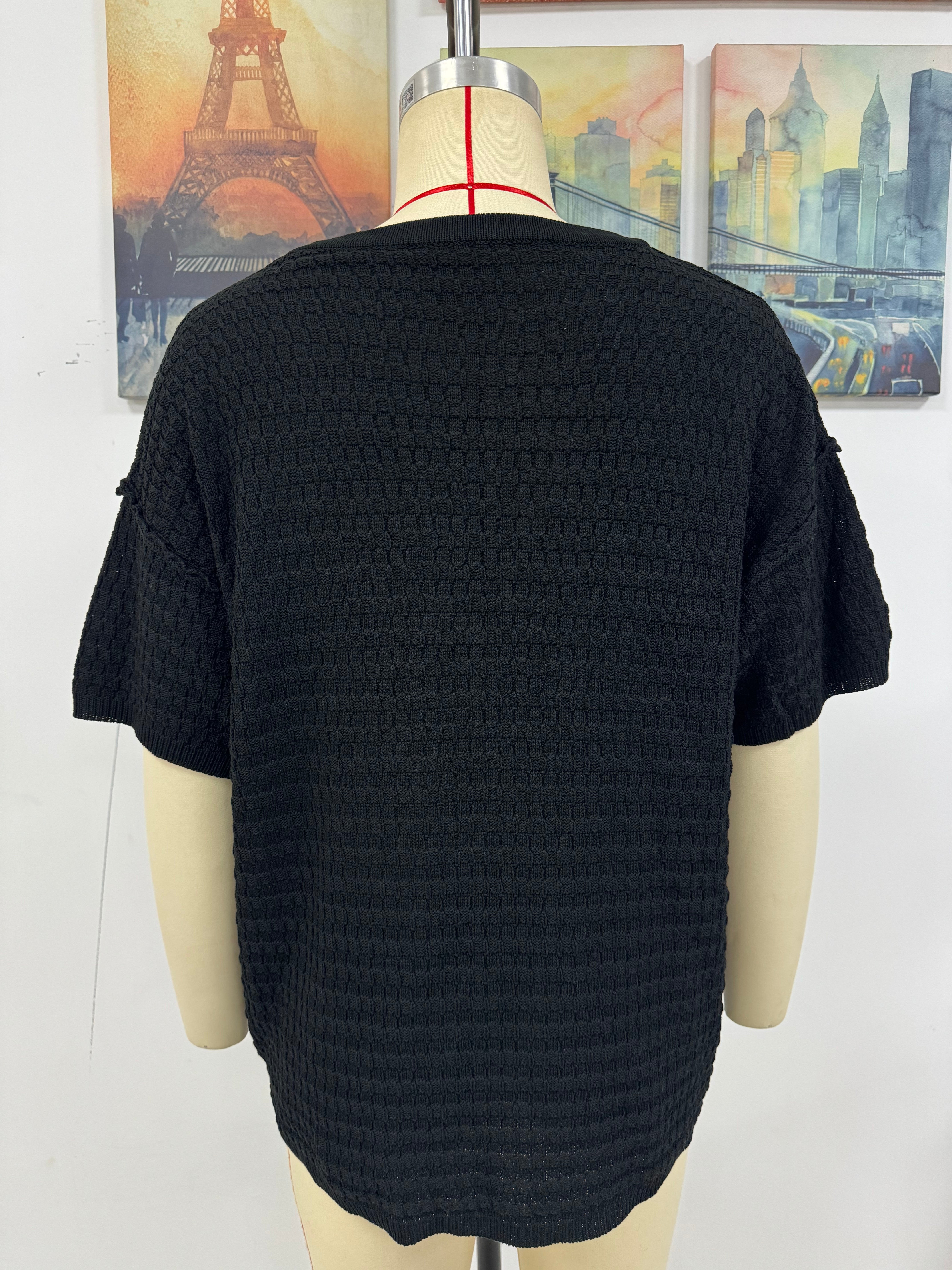 Women Spring and Summer Pocket Short Sleeve Solid knitting Blouse 12